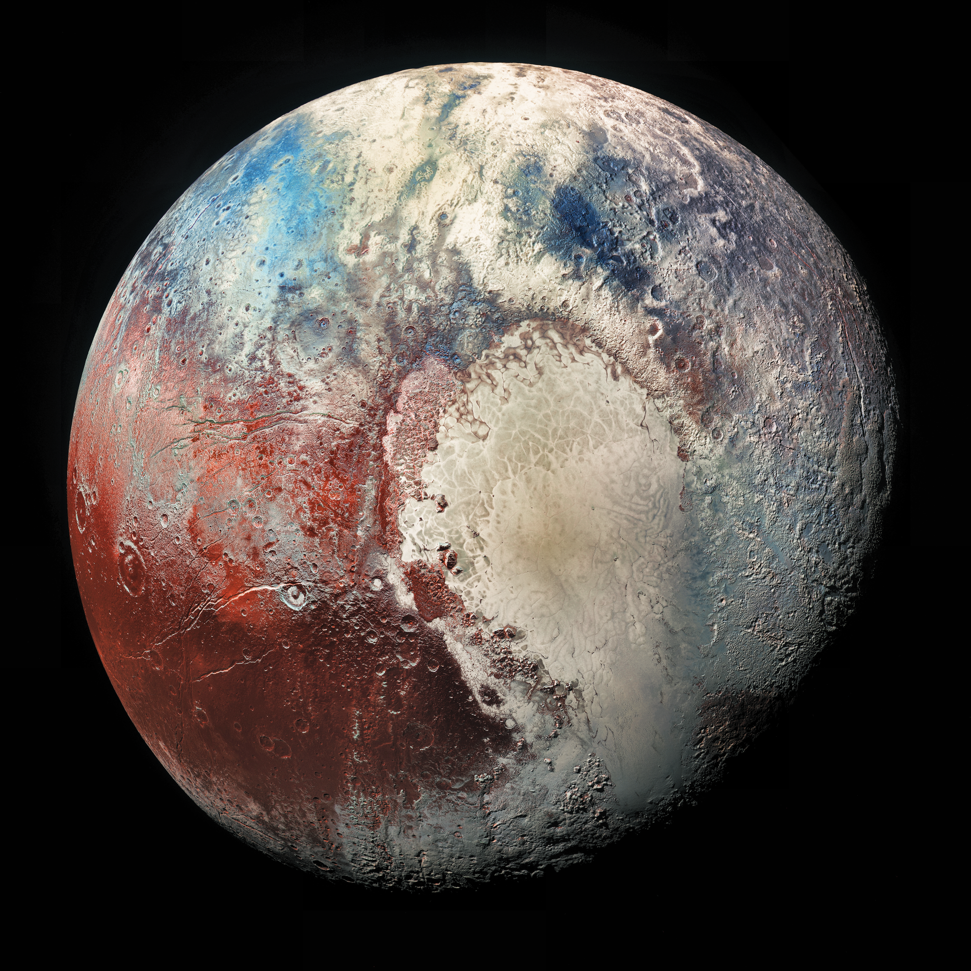 In this image of Pluto taken by NASA's New Horizons spacecraft, different colors represent different compositions of surface ices, revealing a surprisingly active body. In this image of Pluto taken by NASA's New Horizons spacecraft, different colors represent different compositions of surface ices, revealing a surprisingly active body.